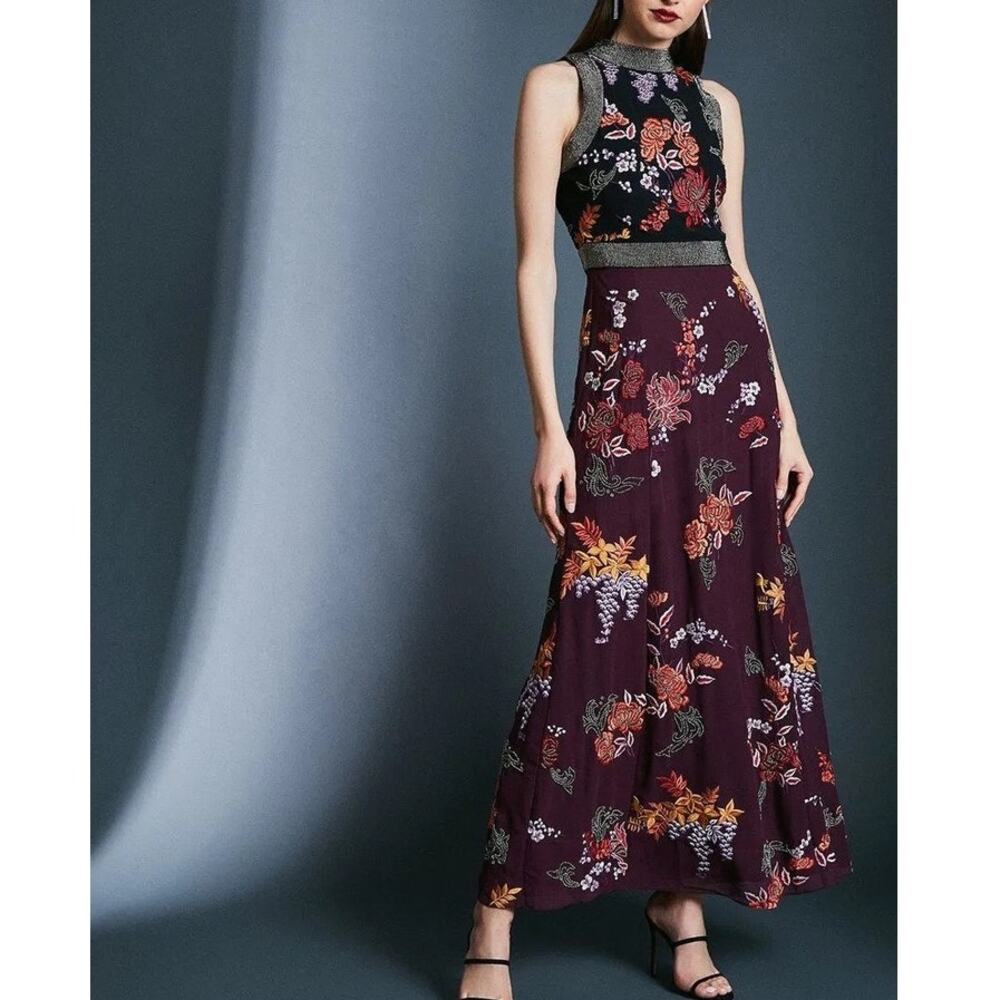 Karen Millen $300 Embroidered Beaded Floral Halter Long Dress Size 6